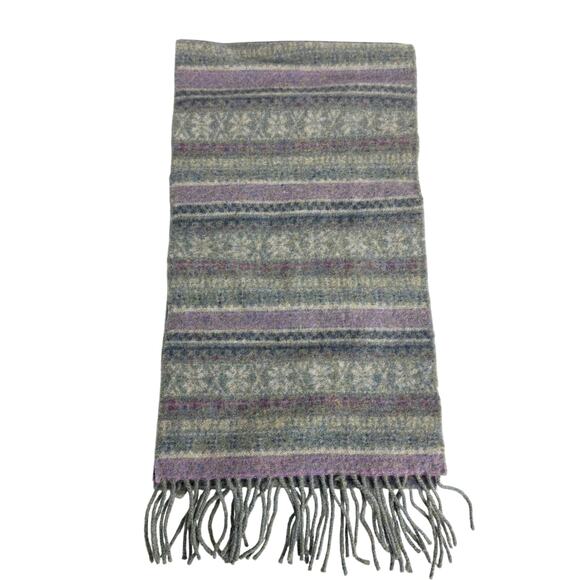 Barbour Lambswool Fair Isle Scarf Gray Purple Fringe 68 x 9 - Picture 1 of 4